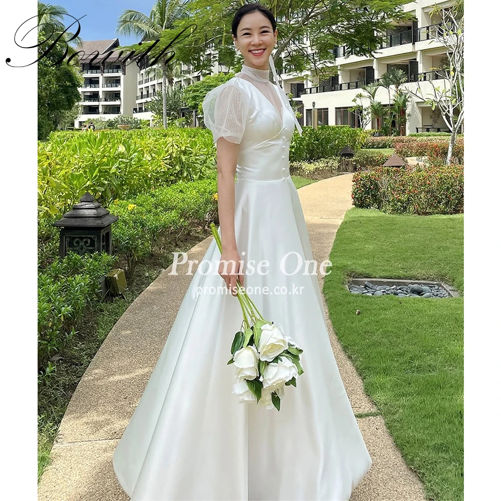 

Bowith High Collar Puff Sleeves Korea Wedding Dresses A-line Floor-Length Satin Bridal Gown Customized Photo Shoot Dresses