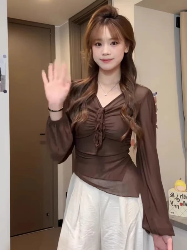 plus Size Women's V-Ne T-irt Slim Fit Long Sve Irregular Hemline Korean Sle Commute Faion Pure Desire Trendy Top