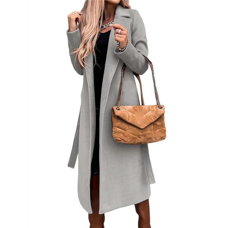 

A26F-Women's Notched Lapel Long Sleeves Slim Mid-Long Wool Blend Outerwear Casual Fall Winter Coats With Belt