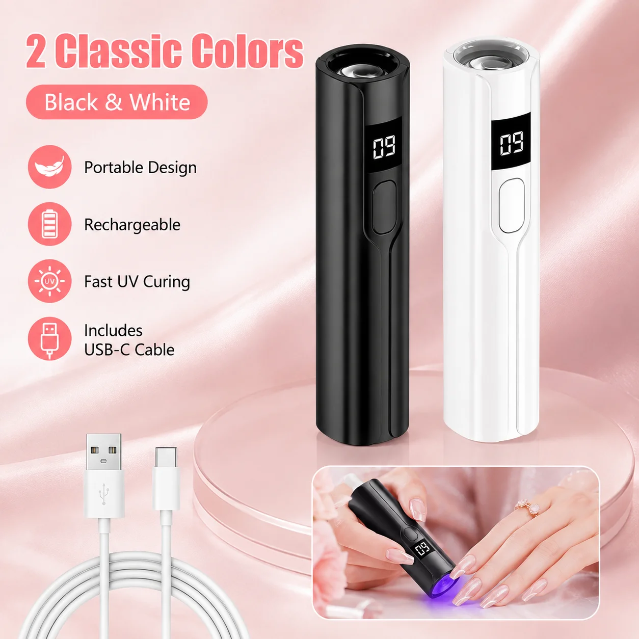 Mini UV Nail Lamp 365+405nm LED Gel Nail Dryer with 30S 60S 2 Timer Smart Display Type C Rechargeable Portable Nail Curing Light