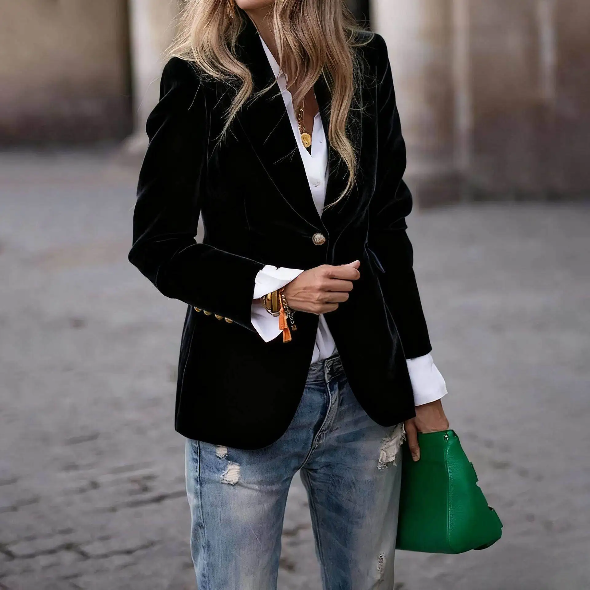 Elegant Velvet Suit Jacket with Fake Pockets Slim Fit for Women Long Sleeve  Collar Pure Color No Ironing Treatment