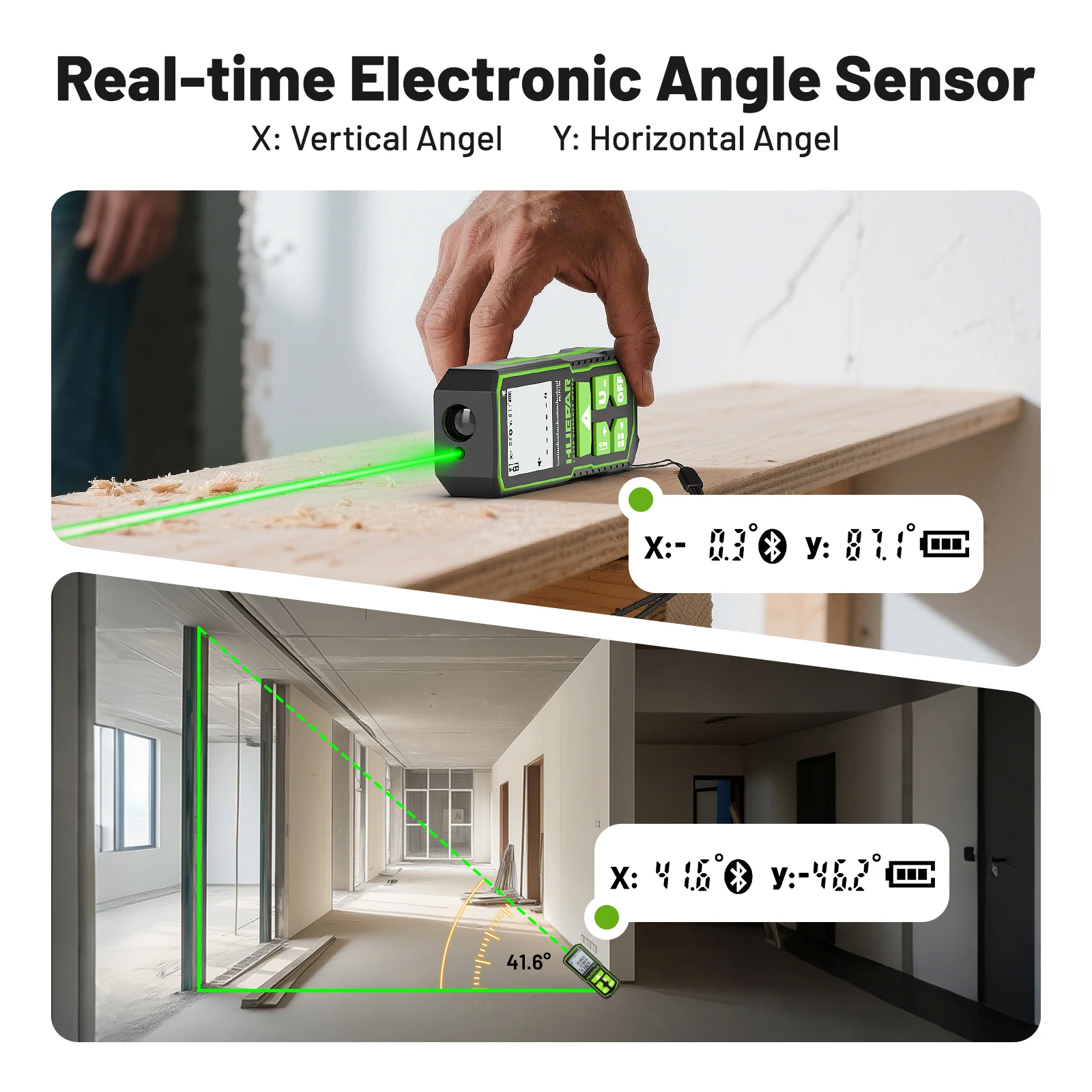 

Лазерный дальномер Huepar с зеленым лучом, перезаряжаемый, 60/100 м, высокоточный, с Bluetooth и приложением