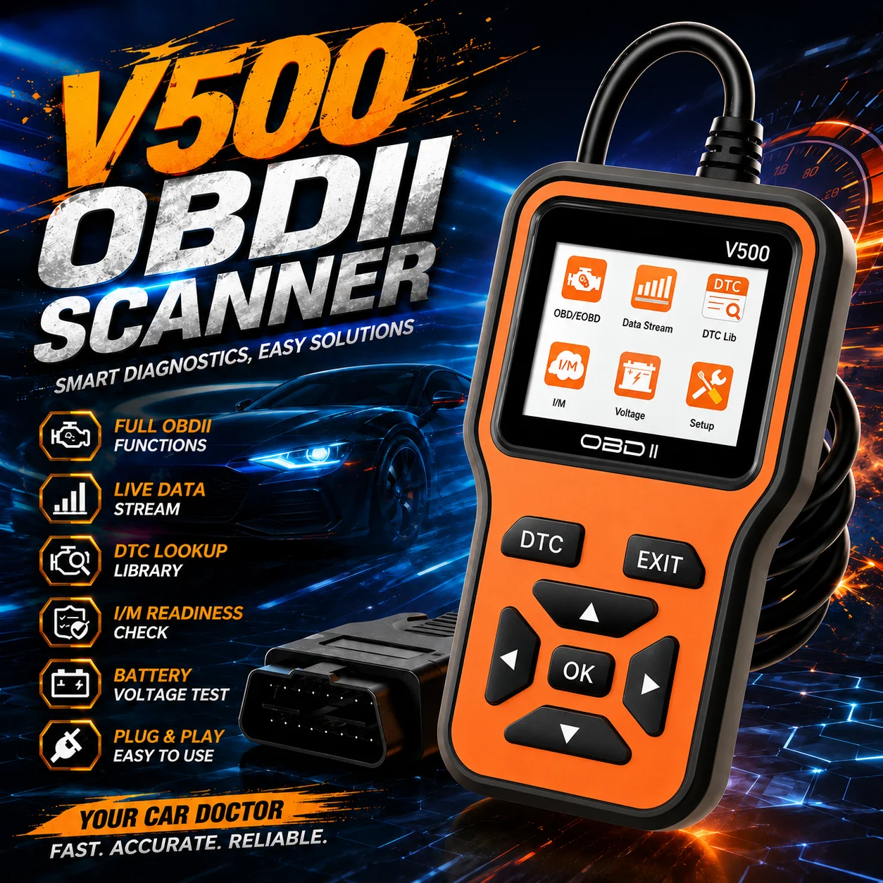 Car OBD2 Scanner Diagnostic Tool Code Reader, Car Voltage Tester Engine Fault Code Scanner, Charging Tester Diagnostic Tool V500