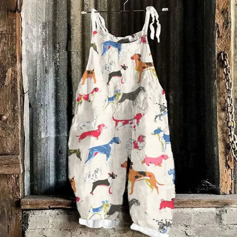 

Summer 2025 women's jumpsuit, 3D colorful puppy print fashionable, cute and versatile jumpsuit, adjustable shoulder straps