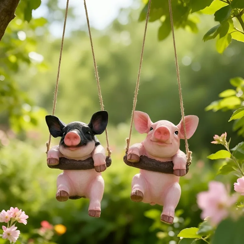Resin Pig Hanging Ornament Cute Simulated Animal Sculpture Outdoor Garden Yard Decor Craft
