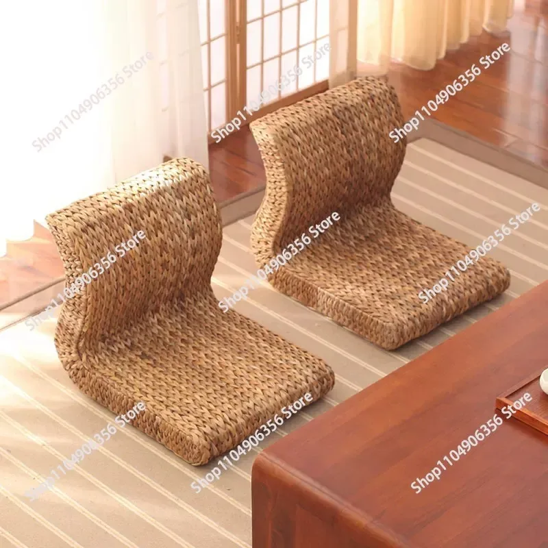 Handmade Straw&Rattan Japanese Floor Legless Chair Tatami Zaisu Backrest Chair for Balcony Bay Window Office Living Room Bedroom
