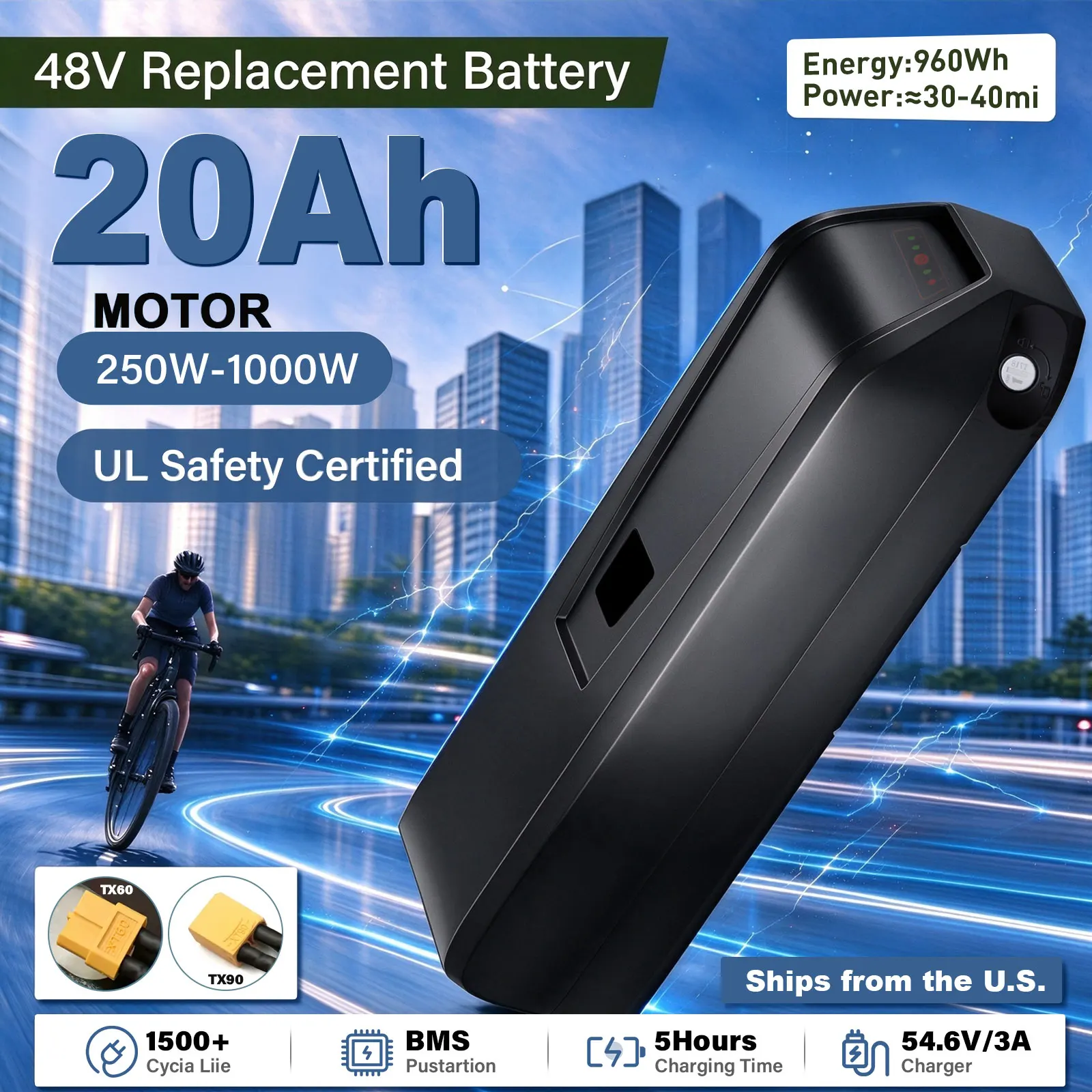 Lithium Ebike Battery 48V20Ah Replacement E-Bike Battery Pack with 5Pin Base 35A BMS XT60 XT90 Connector Power Indicator Power Switch Safety Lock 54V3A Charger for Electric Bicycle 250W-1500W UL Certified Rechargeable Lithium Ion Battery