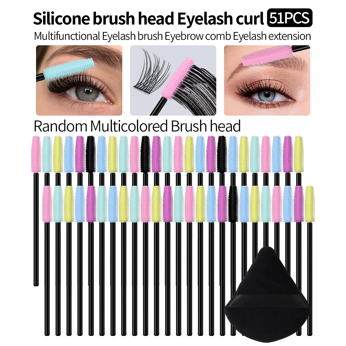 51-teiliges Silikon-Wimpernbürsten-Set mit Puderquaste, Mehrfarbige Einweg-Mascara-Bürsten für Wimpernkräuseln und Wimpernverlängerung
