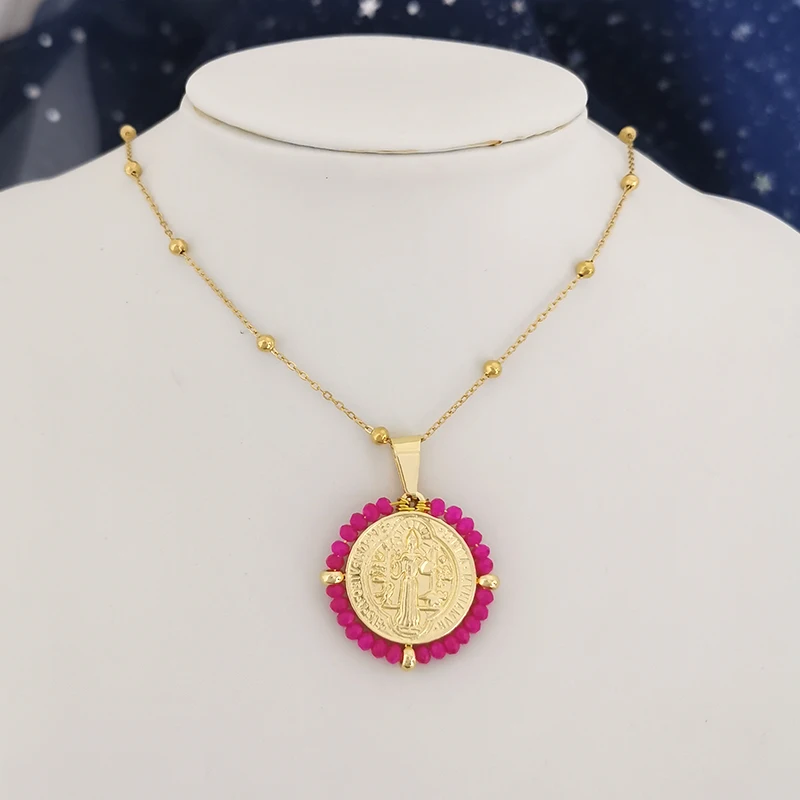 QMHJE مريم العذراء الفولاذ المقاوم للصدأ قلادة قلادة المرأة المختنق الخرز سلسلة جولة سحر الذهب والفضة اللون مجوهرات أبيض أسود