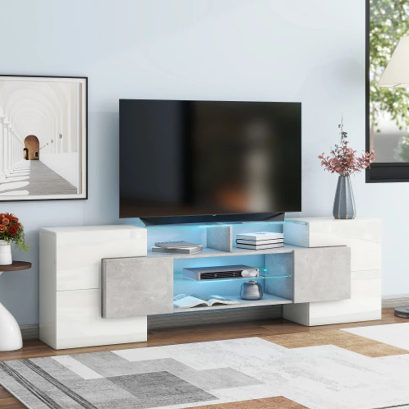 Unique Shape TV Stand with 2 Illuminated Glass Shelves, High Gloss Entertainment Center for TVs Up to 88