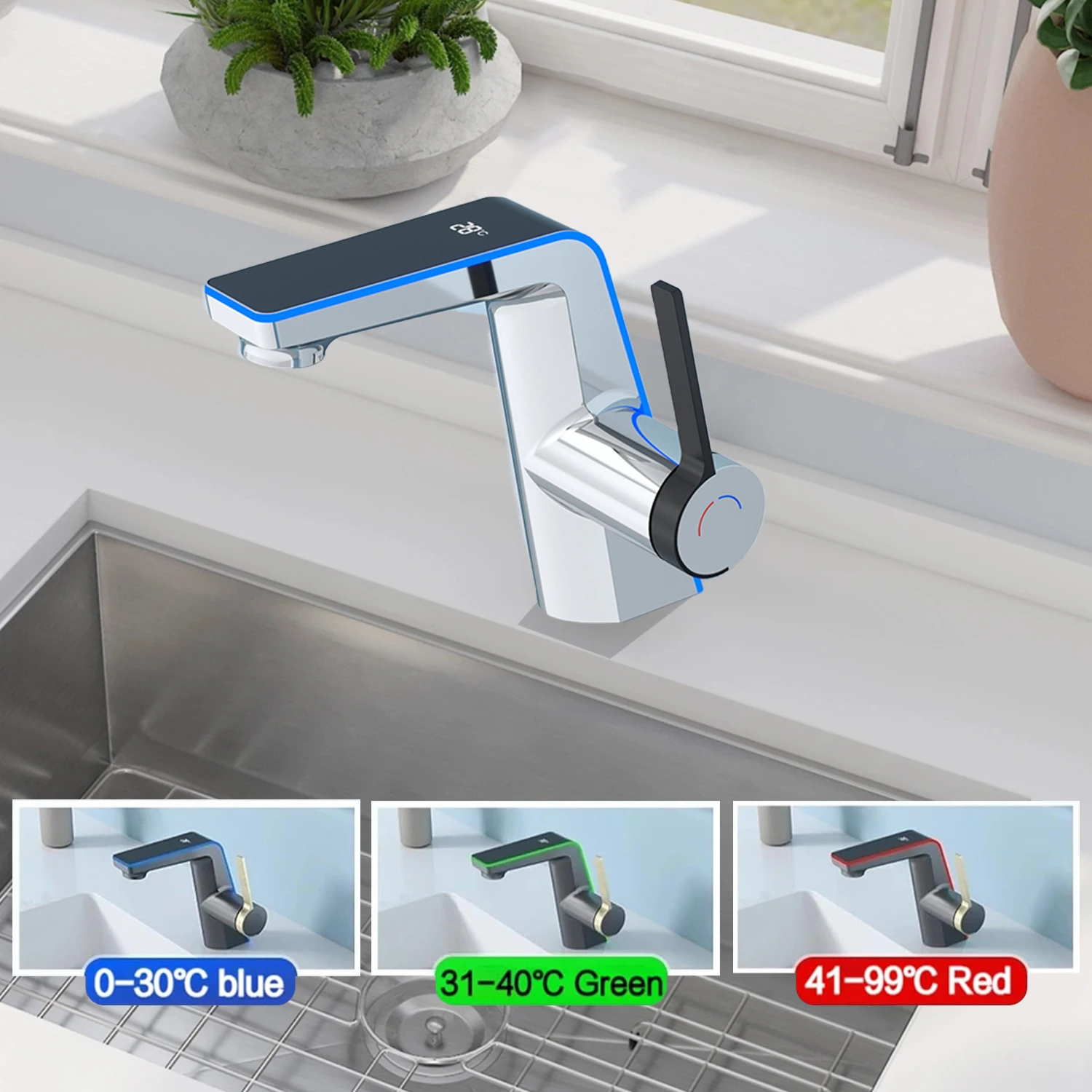 LED-Temperaturanzeige-Waschtischarmatur mit Touch-Sensor, 2 Sprühmodi, Warm- und Kaltwasser-Mischbatterie, geeignet für Bad und Küche