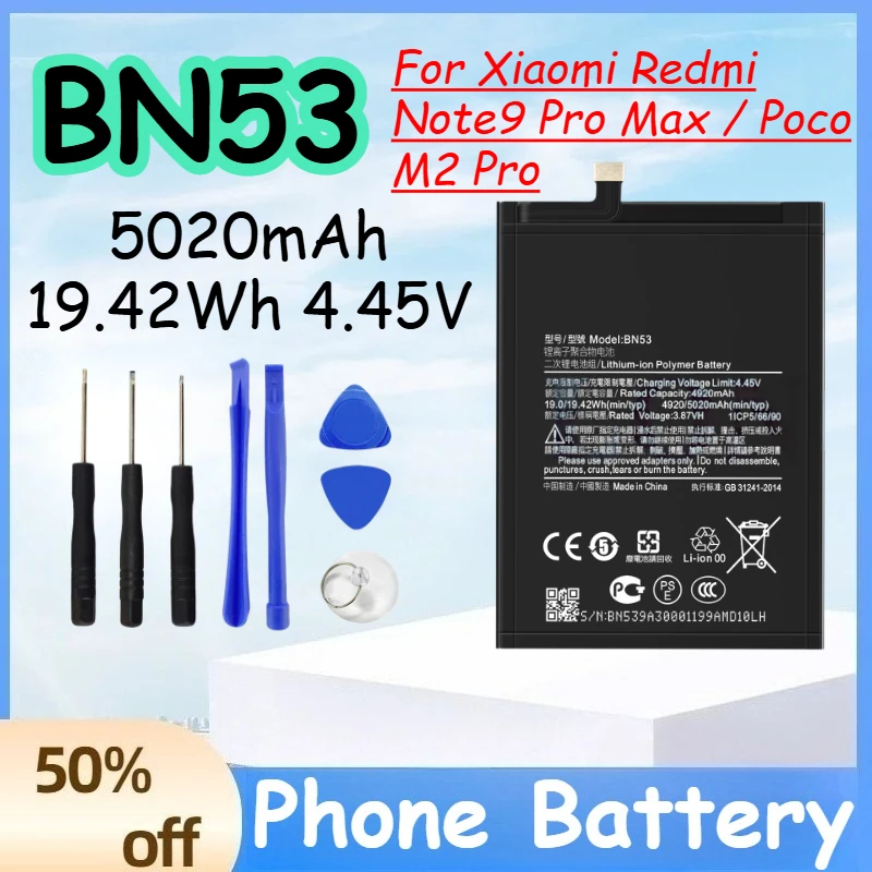 

BN53 5020mAh 19.42Wh 4.45V Battery for Xiaomi Redmi Note9 Pro Max / Poco M2 Pro Replacement Mobile Phone Battery +Free Tools