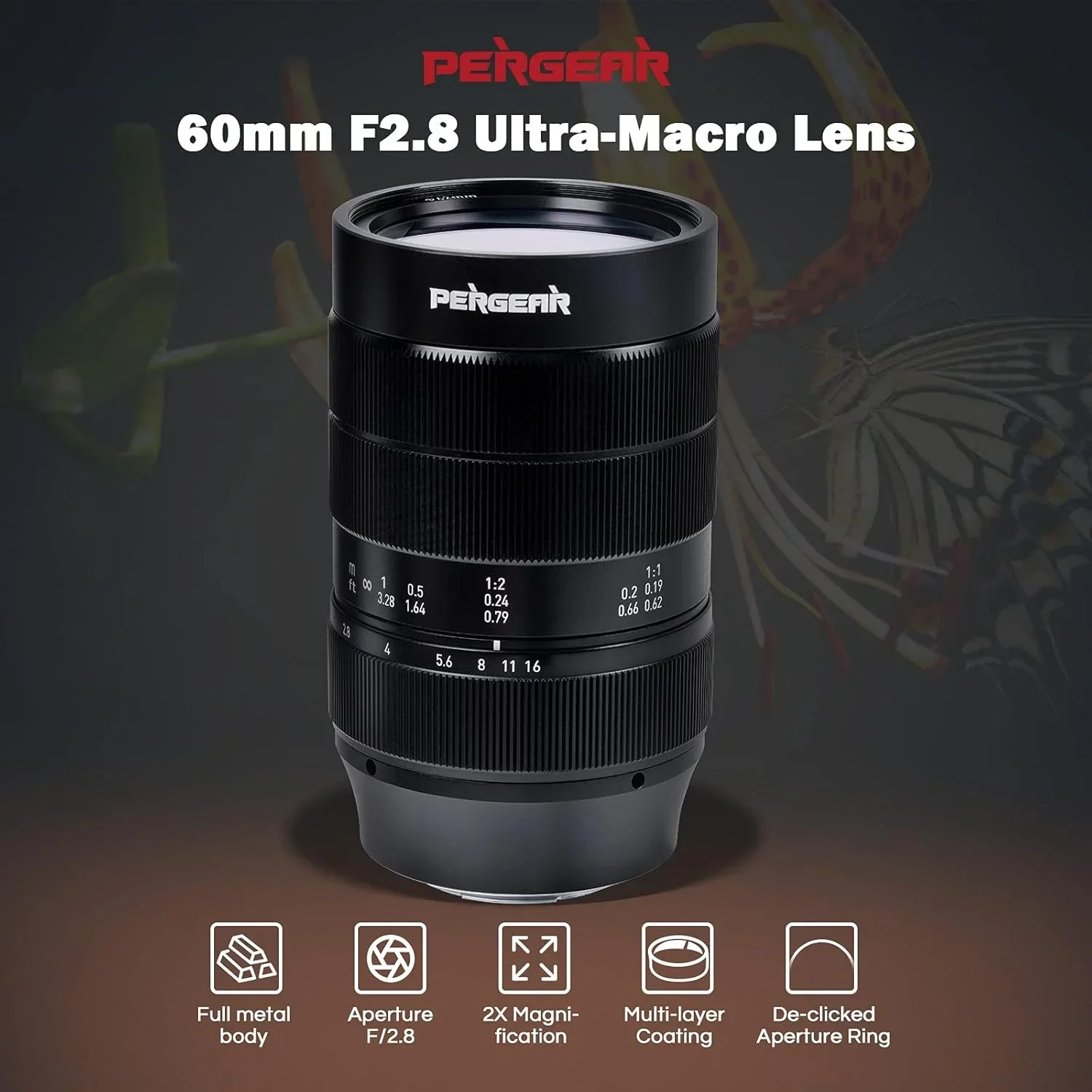 PERGEAR 60mm F2.8 II Ultra Macro Lens with 2X Magnification for Sony E Nikon Z Fuji X M4/3 Canon RF ﻿Full-frame mirrorless