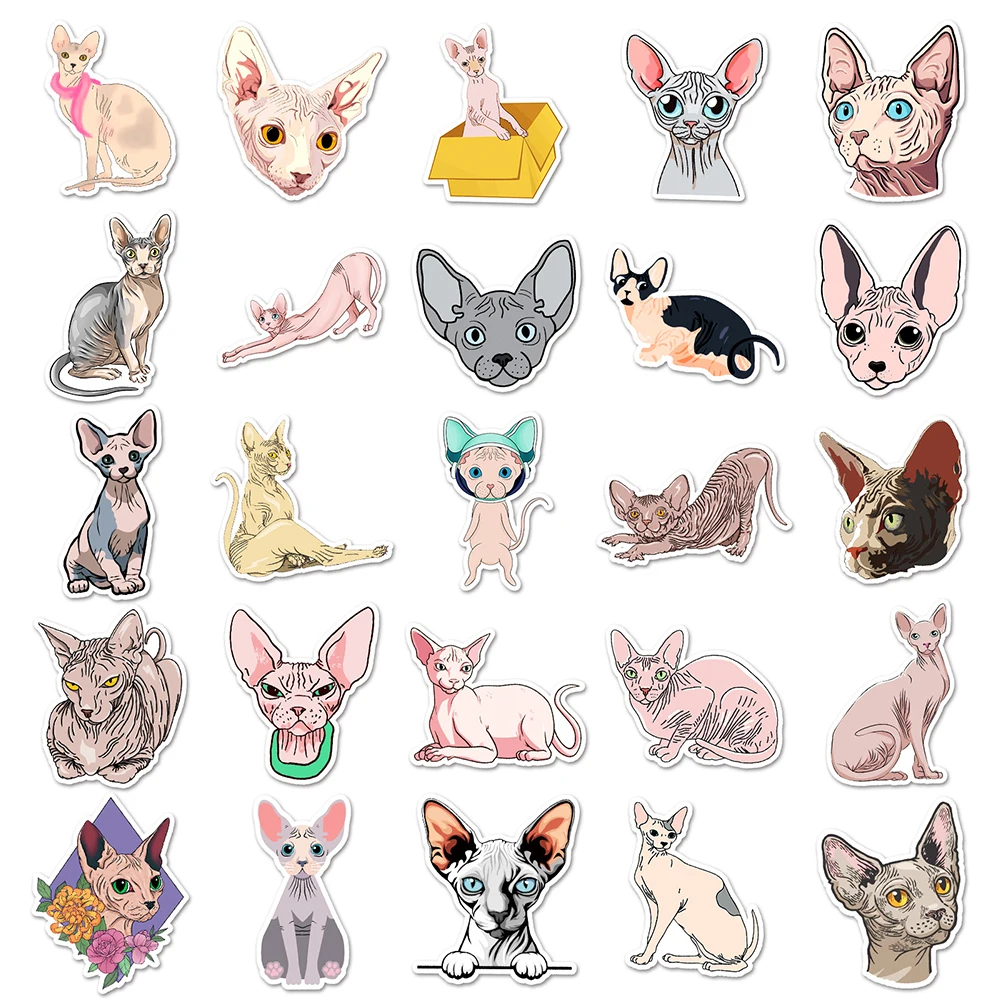 10/30/50PCS śliczne zwierzęce naklejki z motywem Sphynx dla dzieci zabawki album do scrapbookingu DIY laptopa stacjonarny kanadyjski bezwłosy prezent naklejka z kotem