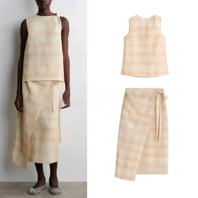Conjunto de duas peças com top de ombro com nó e saia midi transpassada, edição padrão de verão, manga curta, gola redonda e ...