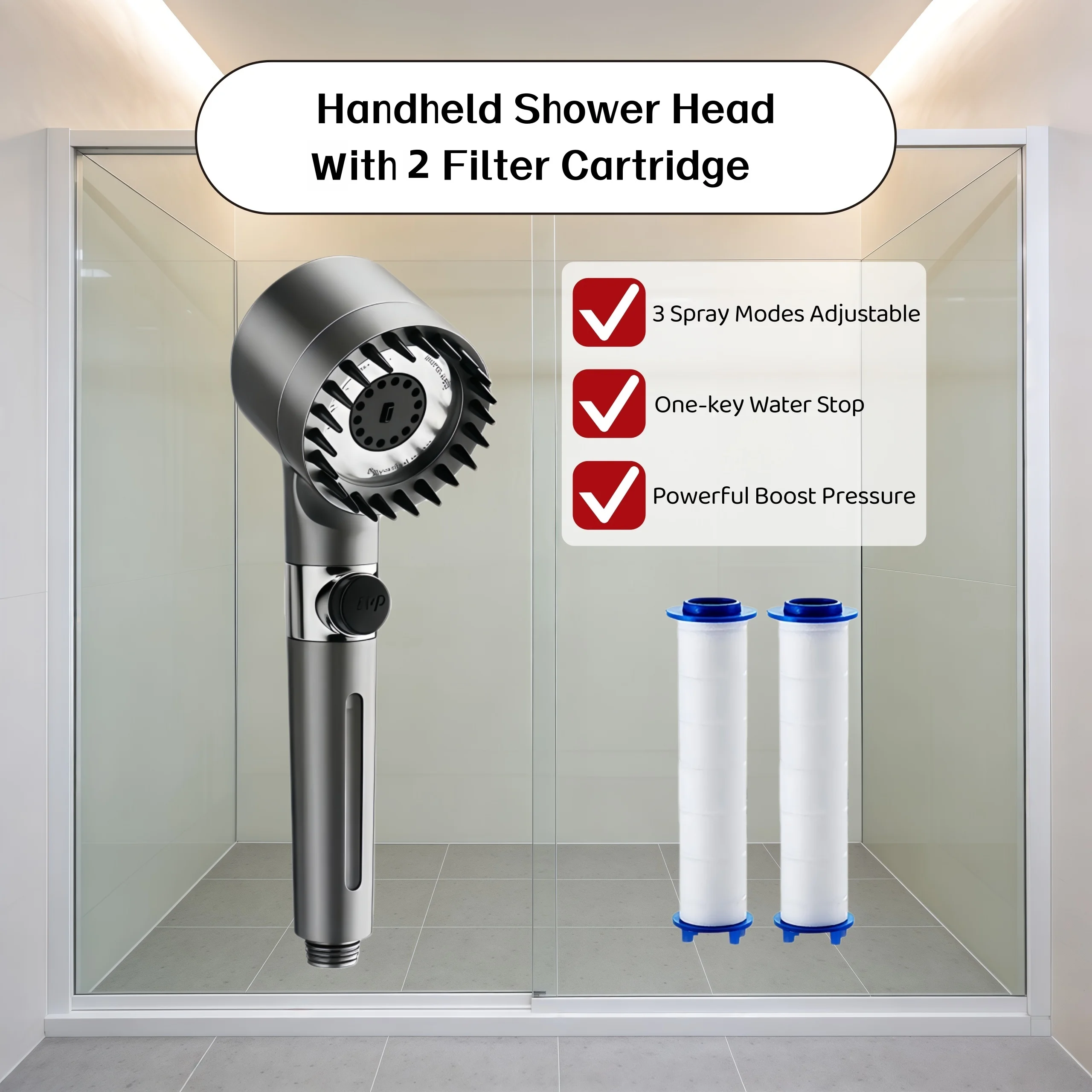 

3PCS Gray High Pressure Water Saving Shower Head Set 3 Modes Adjustable One Key Water Stop Hard Water Filter with 2 Filter