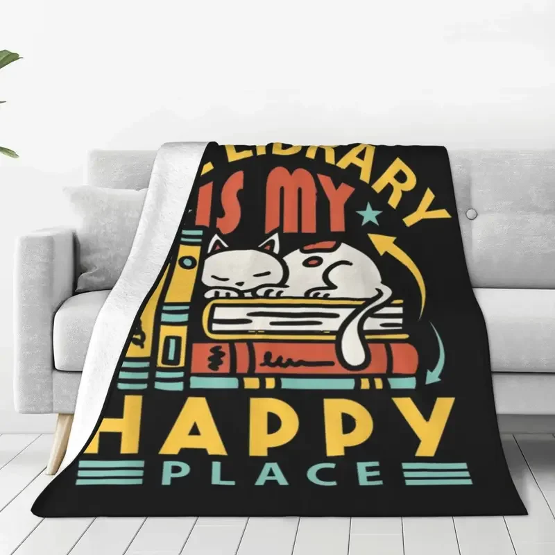 The Library Is My Happy Place Knitted Blanket Fleece Librarian Teacher Day Lightweight Thin Throw Blanket for Home Couch Bed Rug