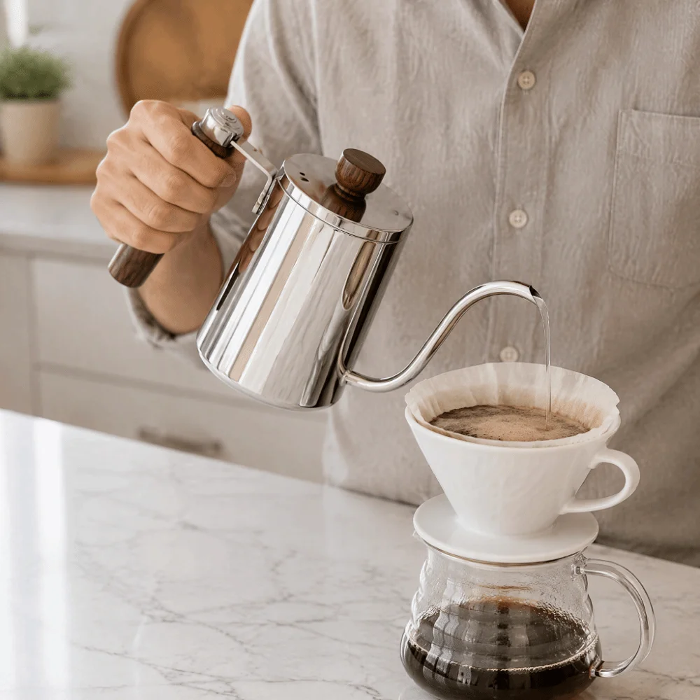 600ML Capacity Gooseneck Kettle 20oz Capacity Wooden Handle Drip Coffee Maker Stovetop Compatible Precision Pouring Spout