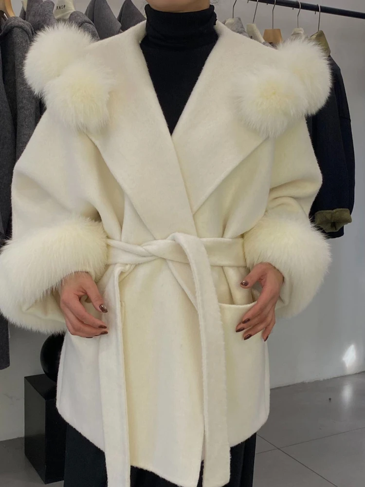 Women's Short Wool Coat Oversized Fur Collar Wool Blends with Shawl Belted Wrap Thick Cozy Winter Elegant Chic for Daily Wear
