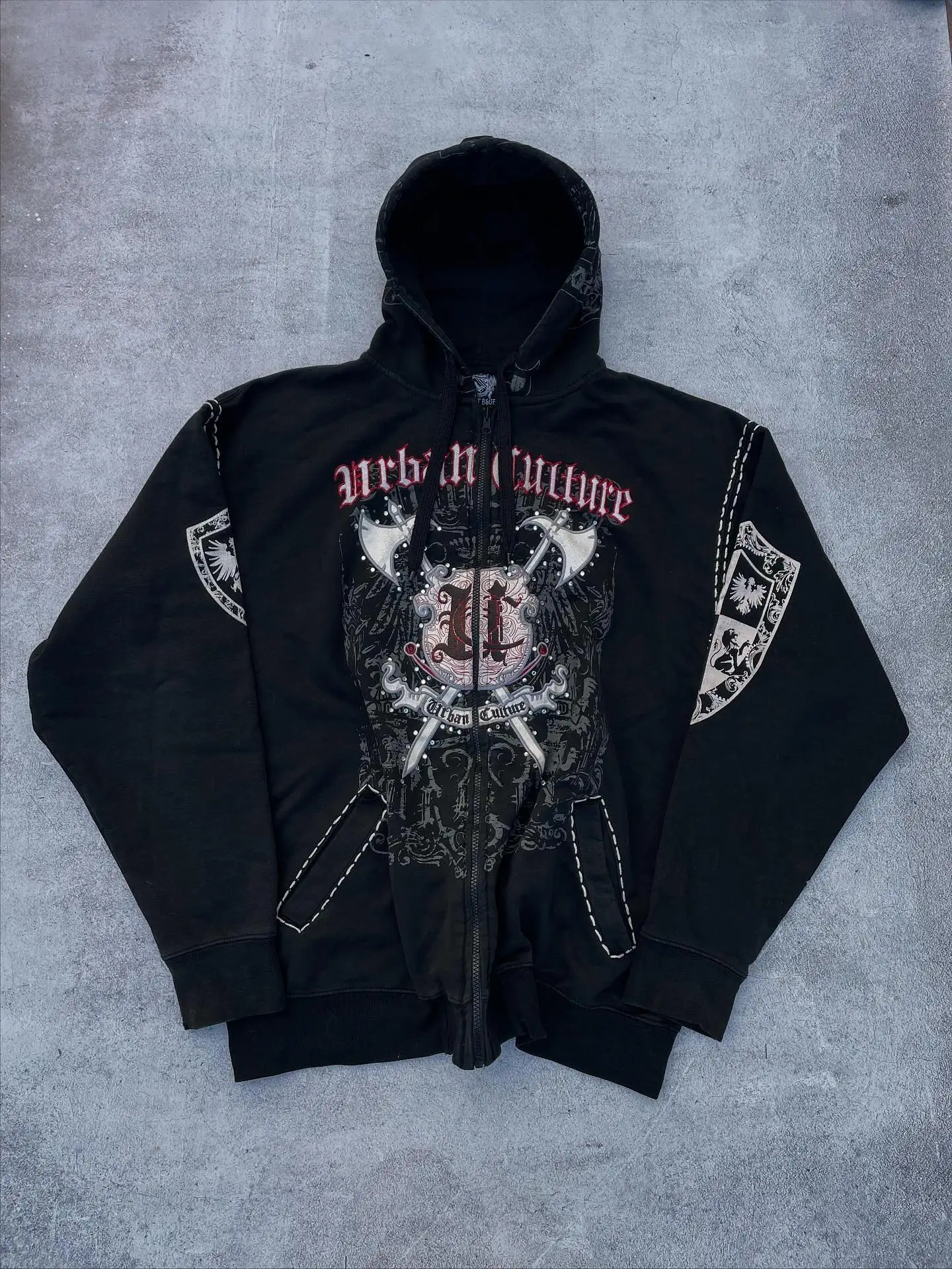 Archaic Gothic Metal Axe Embroidery Print Zip Hoodie White Dotted Lin Design Vintage Dark Style Academia Streetwear Tops