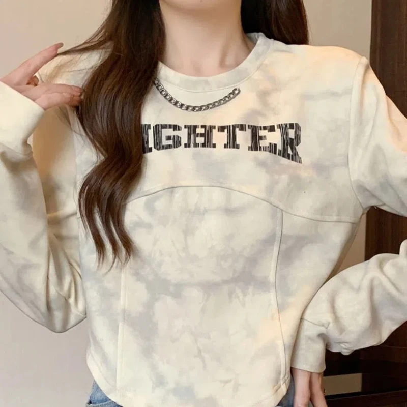 Large Size Thick Round Neck Pullover Hoodie Base Shirt for Women Chubby MM American Retro Printed Chain Long Sleeved Top