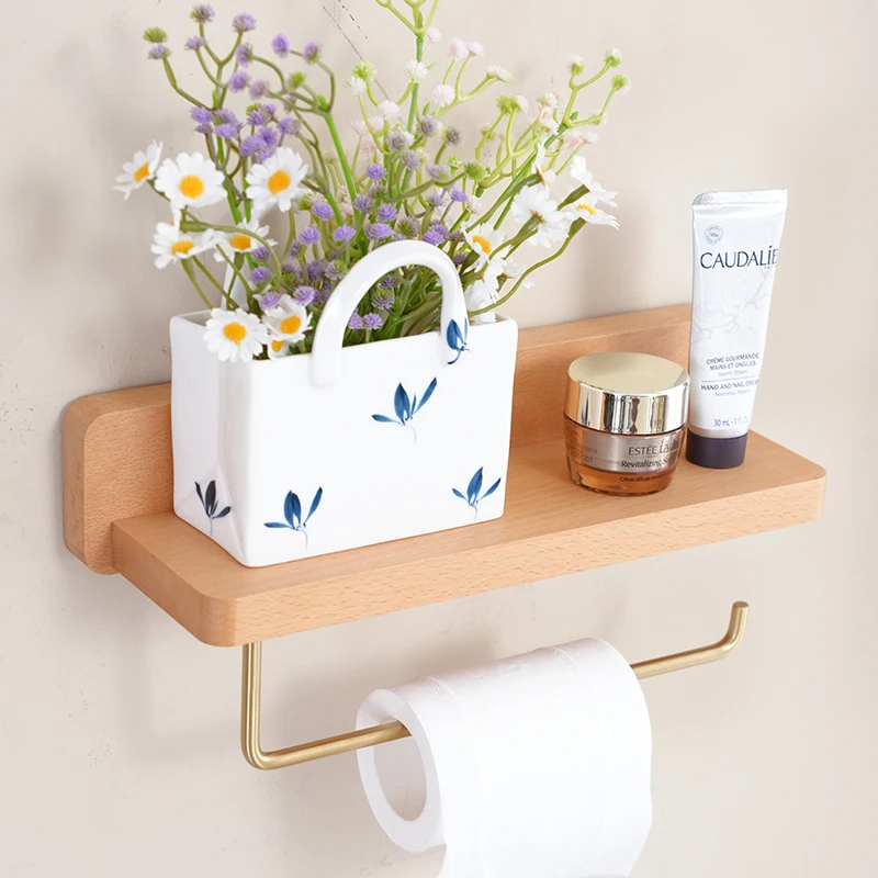 

Wall-mounted toilet roll holder Brass and wooden towel rack with tray Mobile phone holder Kitchen and bathroom accessories