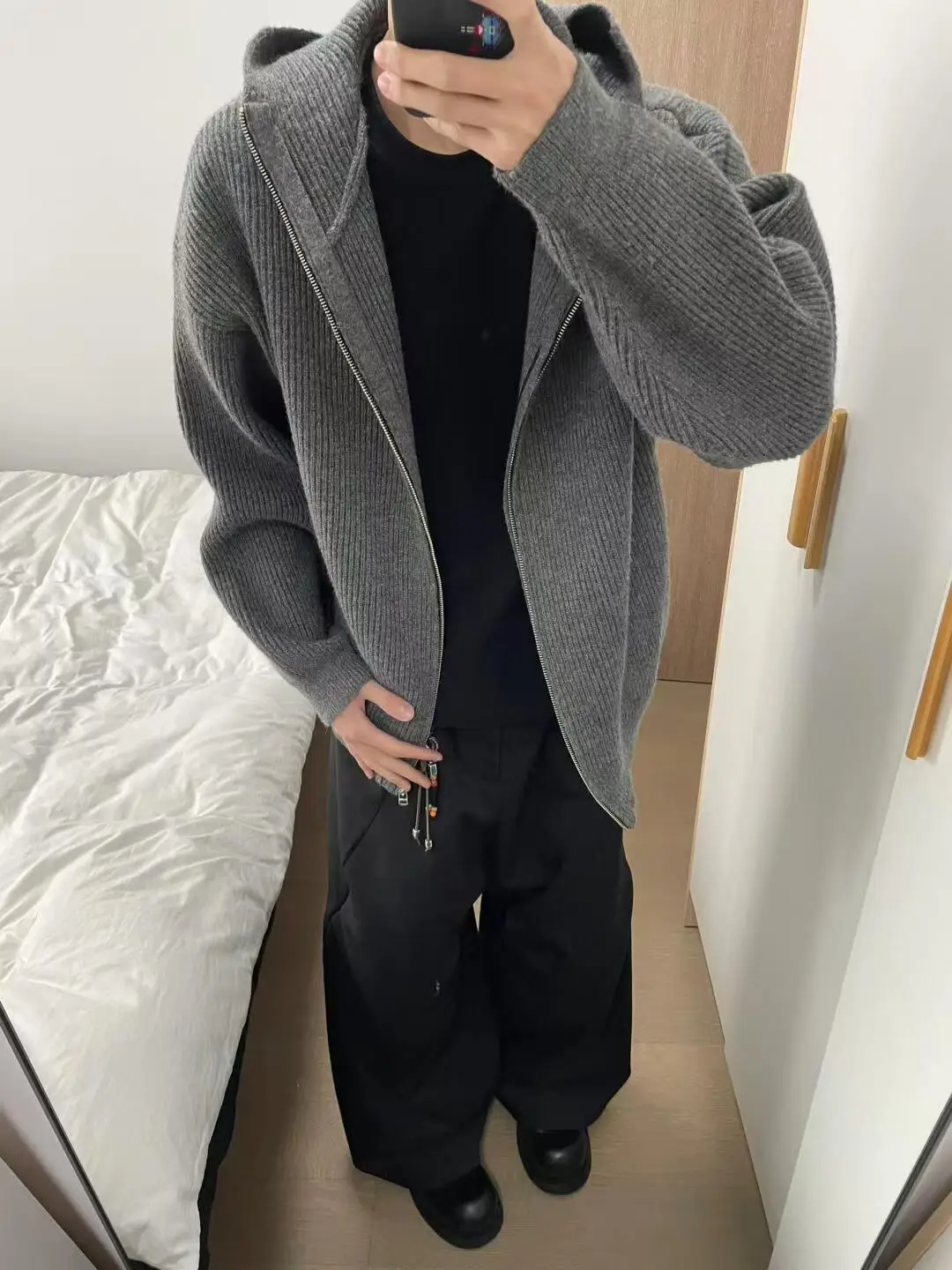 Amerykański sweter retro z zamkiem błyskawicznym, golfem, kapturem, rozpinany kardigan, casualowy, wełniany, dzianinowy sweter dla mężczyzn i kobiet.