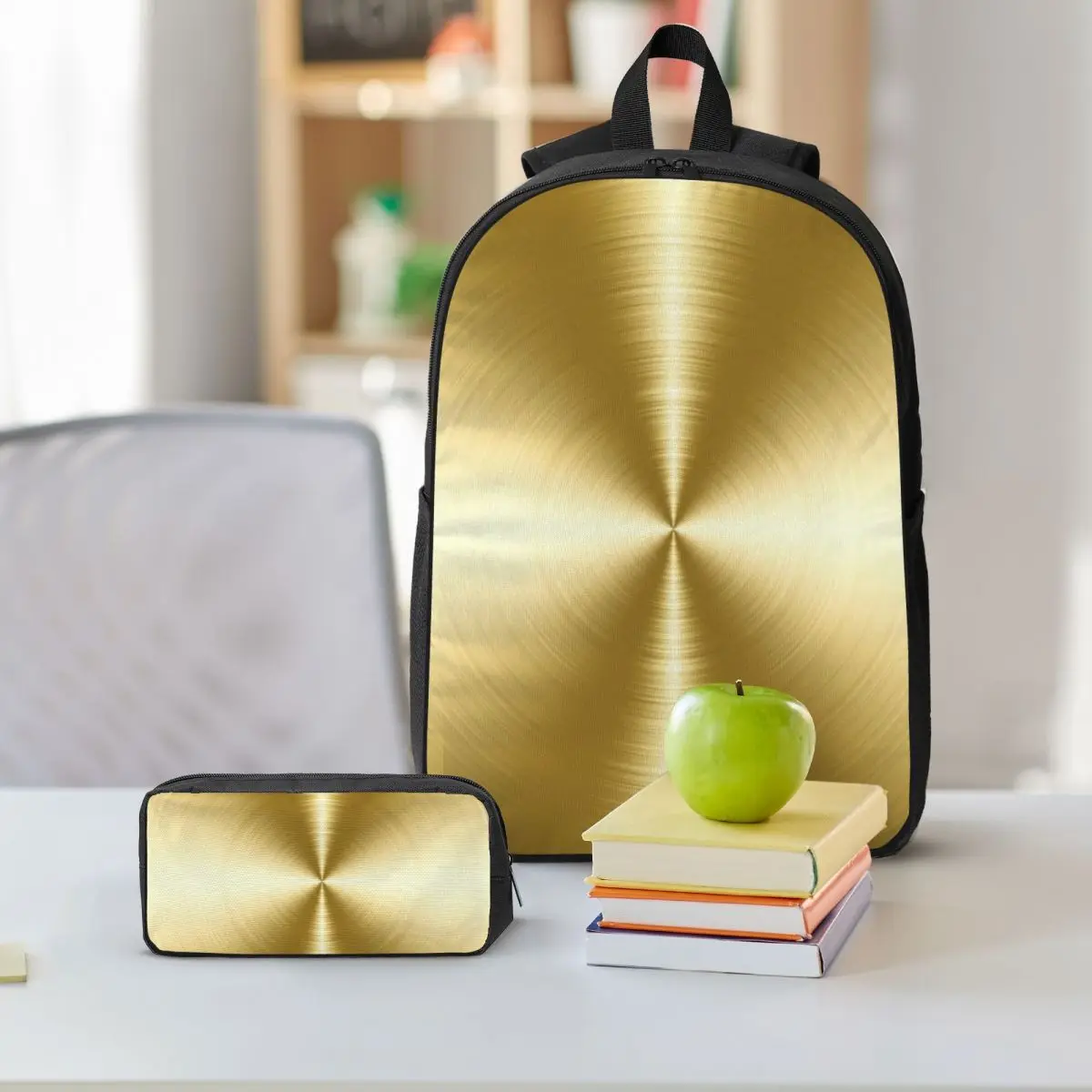 Brushed Gold Radial Metal Backpack Boys Girls BookBag School Bag Laptop Shoulder Bags 3ps Insulated Lunch Bag Pencil Case
