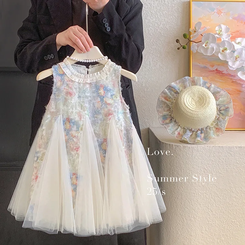 

All-Over Flowers Fashion Sleeveless Party Dress for Kids Girl Brand Designer Chic Lace Preppy Style Pleat Princess Dress JY01051