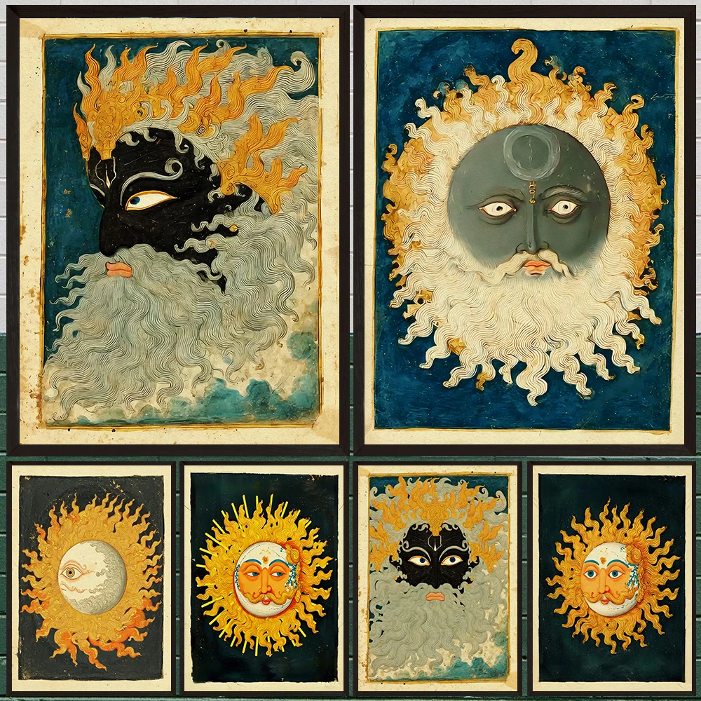 Solar And Lunar Faces Celestial Vintage Wall Art Canvas Painting,Cosmic Symbols & Divine Figures Abstract Art Poster Print Decor