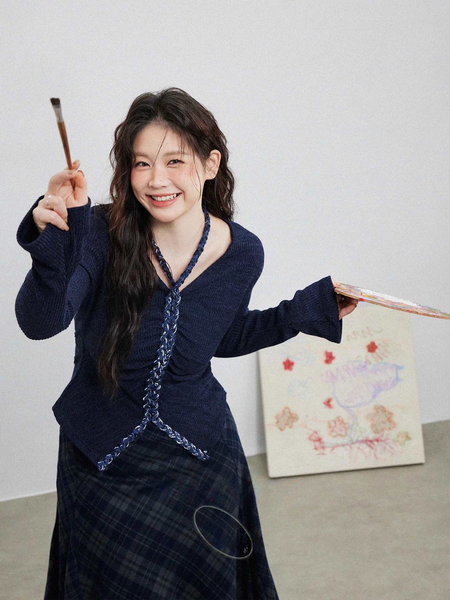 

Корейский Sle V-Ne Long Sve, внутренняя одежда с поясом, женский топ с пушным дизайном, темно-синий топ Lazy Sle