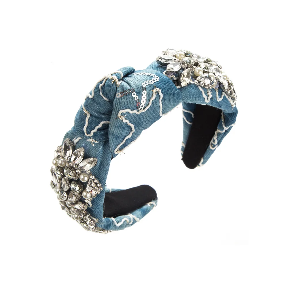 New Super Shiny Hand-Stitched Baroque Headband Denim Fabric Rhinestone Pearl High Quality Party Hair Accessories