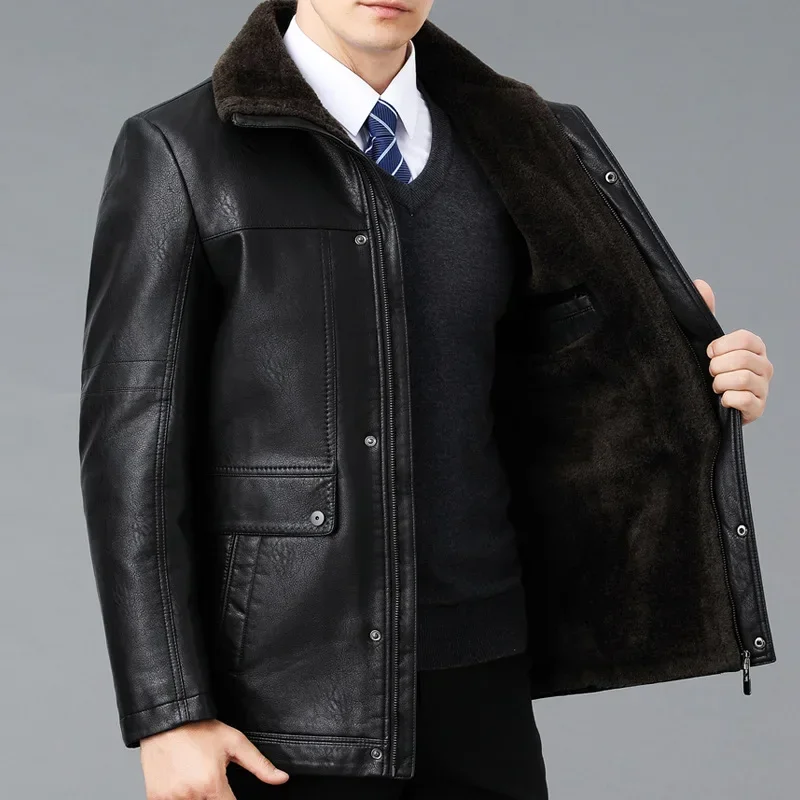 Winter Fleece-Lined Thicken Sheepskin Casual Leather Clothing New Men Fur Integrated Lapel Leather Jacket Loose Dad Outcoat