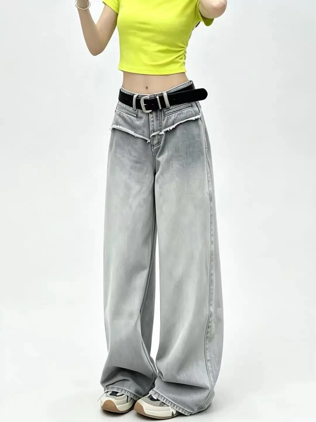 Grey Washed High Waist Straight Wide Leg Jeans Women Retro Loose Slim Fit Casual Streetwear Pants