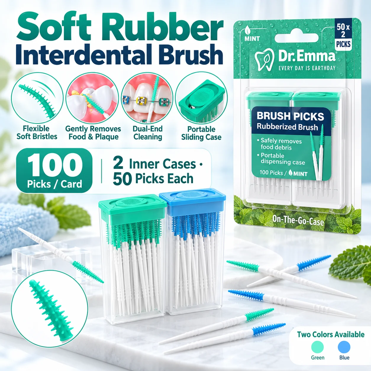 100PCS Soft Rubber Interdental Brush Picks with Portable Case Flexible Dental Tooth Cleaning Sticks Mint Green/Blue