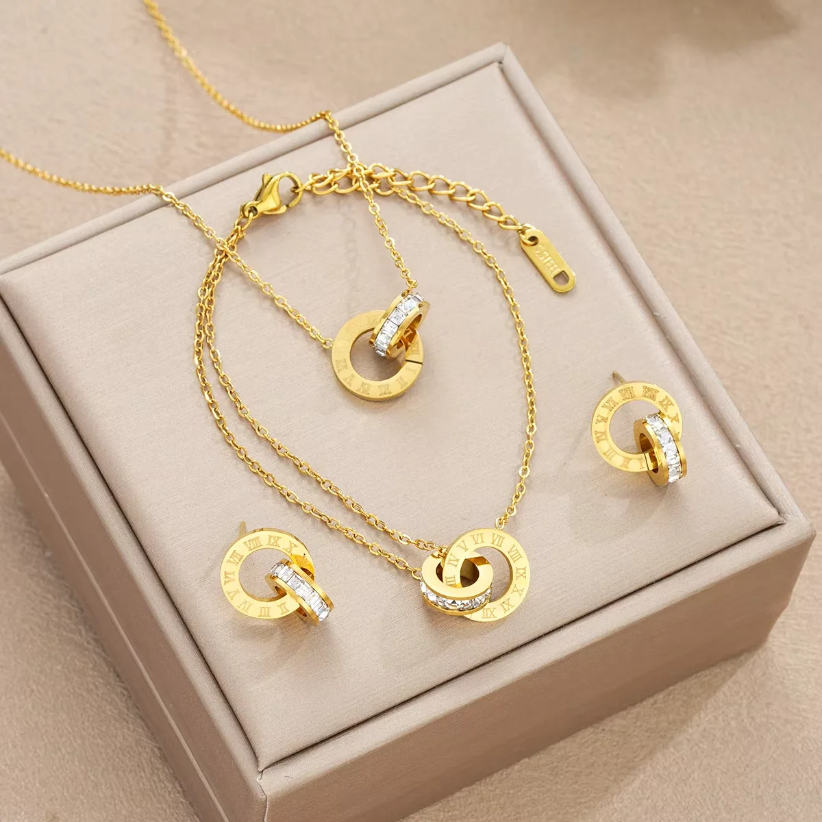 4 unids/set de collar de cristal de acero inoxidable, pulsera, pendientes para mujer, círculos entrelazados de Color dorado, conjuntos de joyería de números romanos