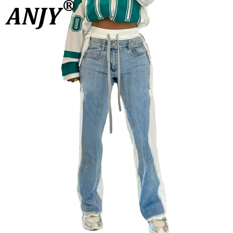 

ANJY осенние новые женские нишевые модные уникальные джинсовые брюки уличная одежда в стиле пэчворк контрастного цвета универсальные джинсы с завязками A12155