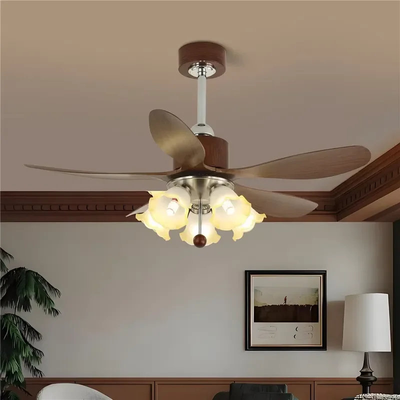 European Creative 5 Heads Flower Glass Shade ABS Blades Ceiling Fan Light for Living Room Bedroom Retro Home Decor Fan Lamp