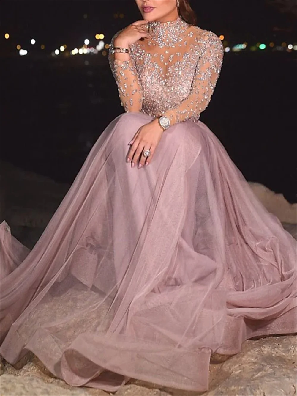 Princess Prom Occasion Crystals Beaded Long Sleevees Floor-Length Dresses Ladies Lace Pure Color 2023 Temperament Formal Evening