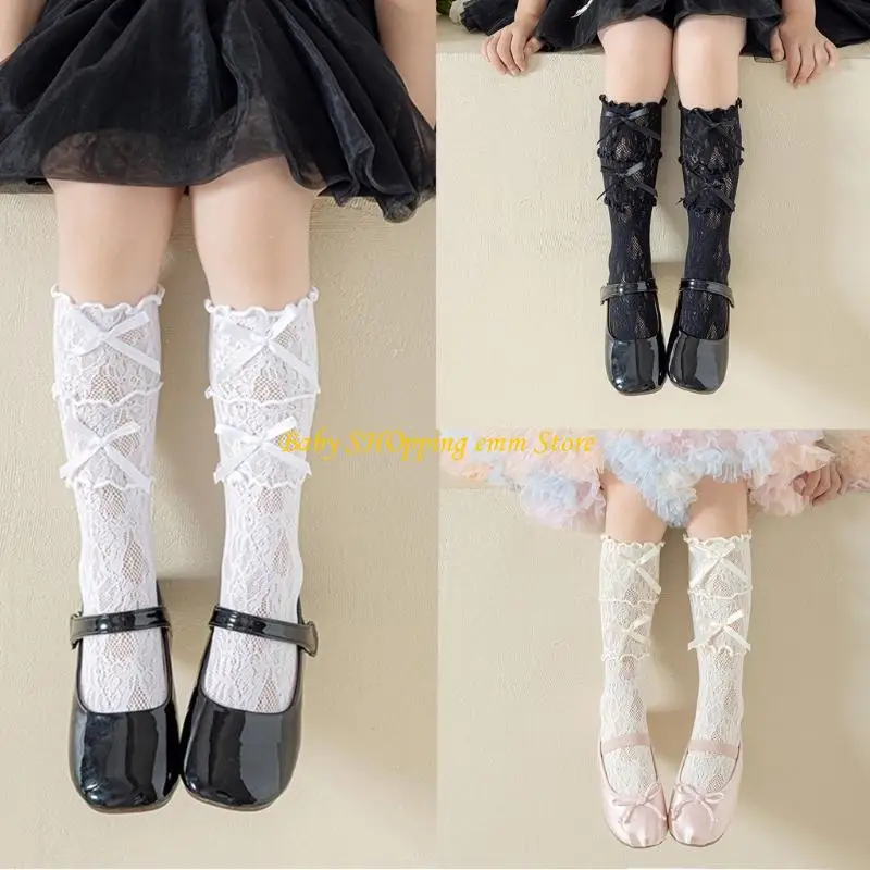 

23GD Cotton Girls Socks, Spring Thin In Tube Socks 3-Layer Lace Bowknot Charm Stackable for Kids 3-13T