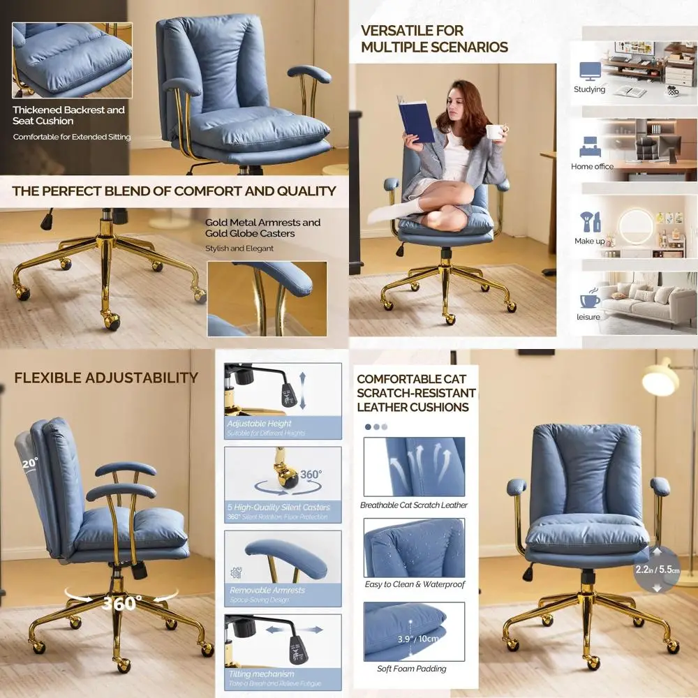 

Ergonomic Swivel Chair with Wheels and Armrests, Navy Blue, Gold Base, for Home Office and Study