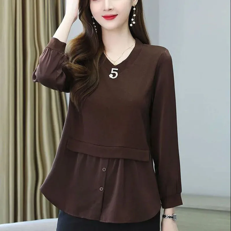 Elegant V-Neck Solid Color Spliced Button Folds Blouse Women Clothing 2022 Autumn New Loose Casual Pullovers Office Lady Shirt