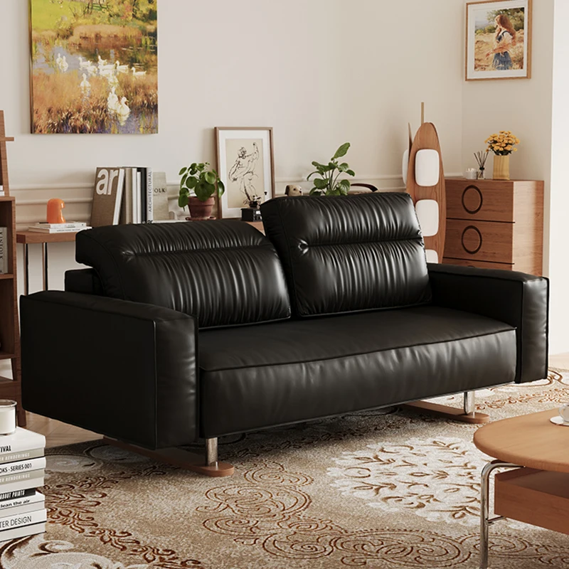 

Retro sofa, small apartment, black leather living room straight-row sofa