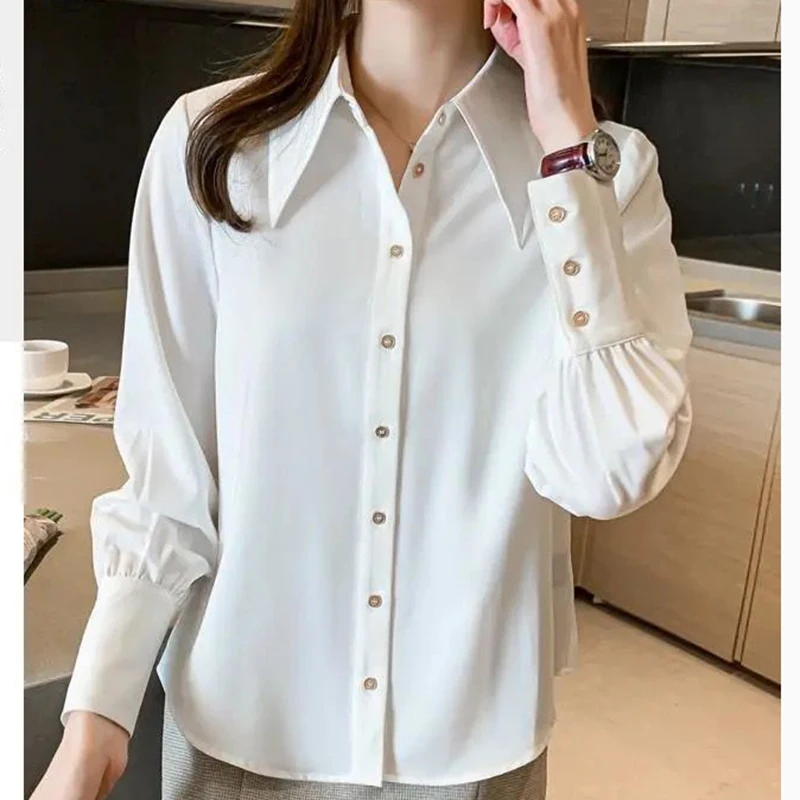 Women Chiffon Shirt Korean Elegant New White Turn Down Collar Female Blouse Summer Fashion Button Office Long Sleeve Ladies Tops