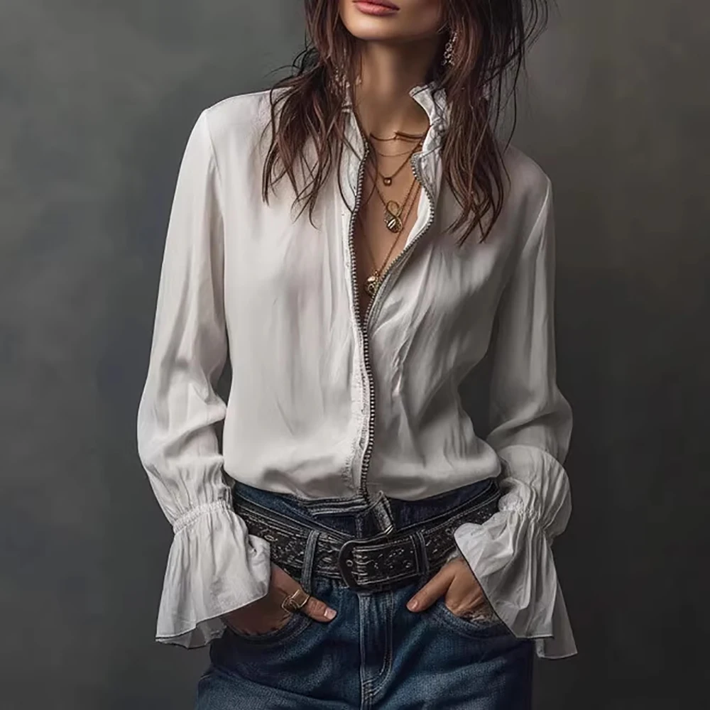 Women Boho Solid Shirt Tops Elegant Long Sleeve Zipper V Neck Blouses Ruffle Flared Cuff Casual Chic Outfit Holiday Daily Shirts