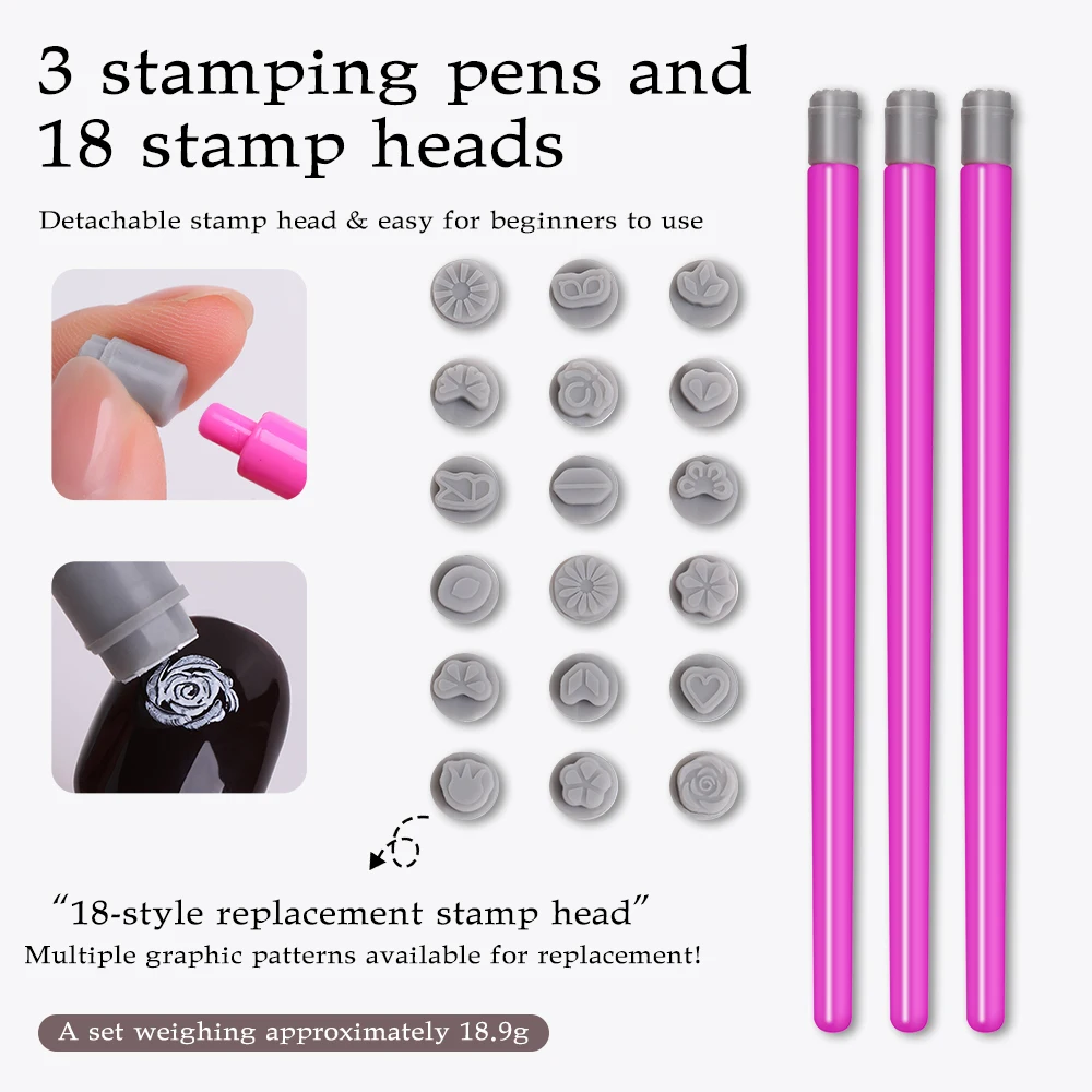 3 قطعة مسمار الفن ختم مجموعة أقلام مع 18 استبدال ختم رؤساء الأزهار فراشة تصميم مسمار ختم مانيكير التنقيط أداة الرسم #1