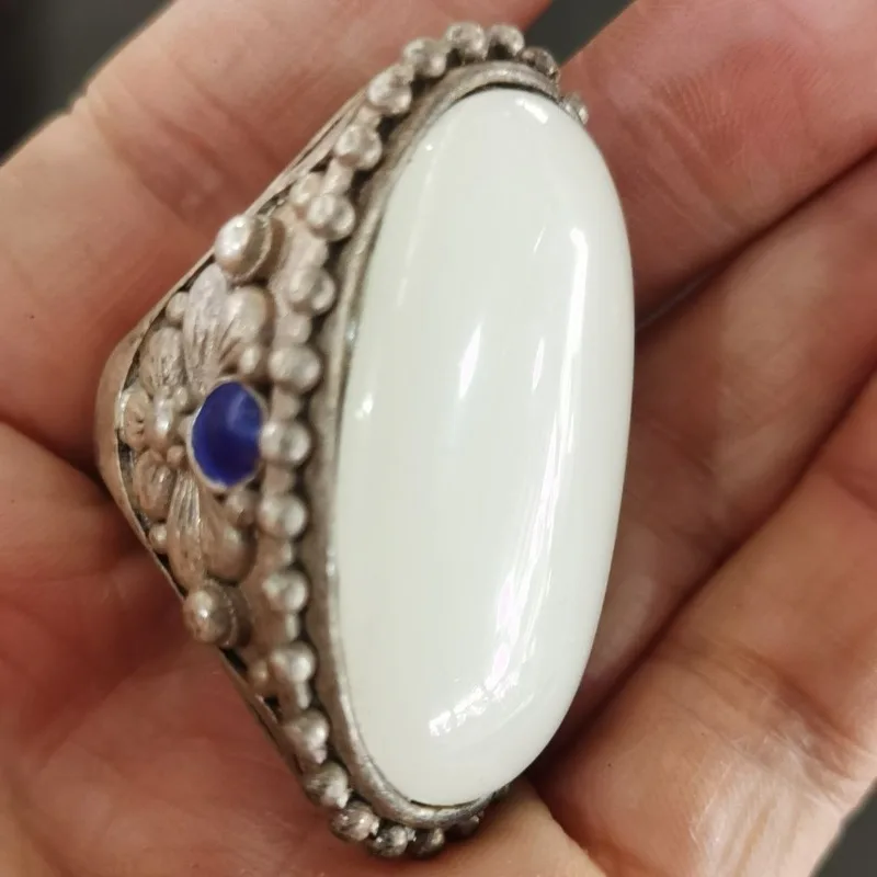 Men’s Vintage Old Silver Open Ring, Enamel Craft Inlaid Large Xinjiang White Jade Statement Retro Curio Finger Jewelry