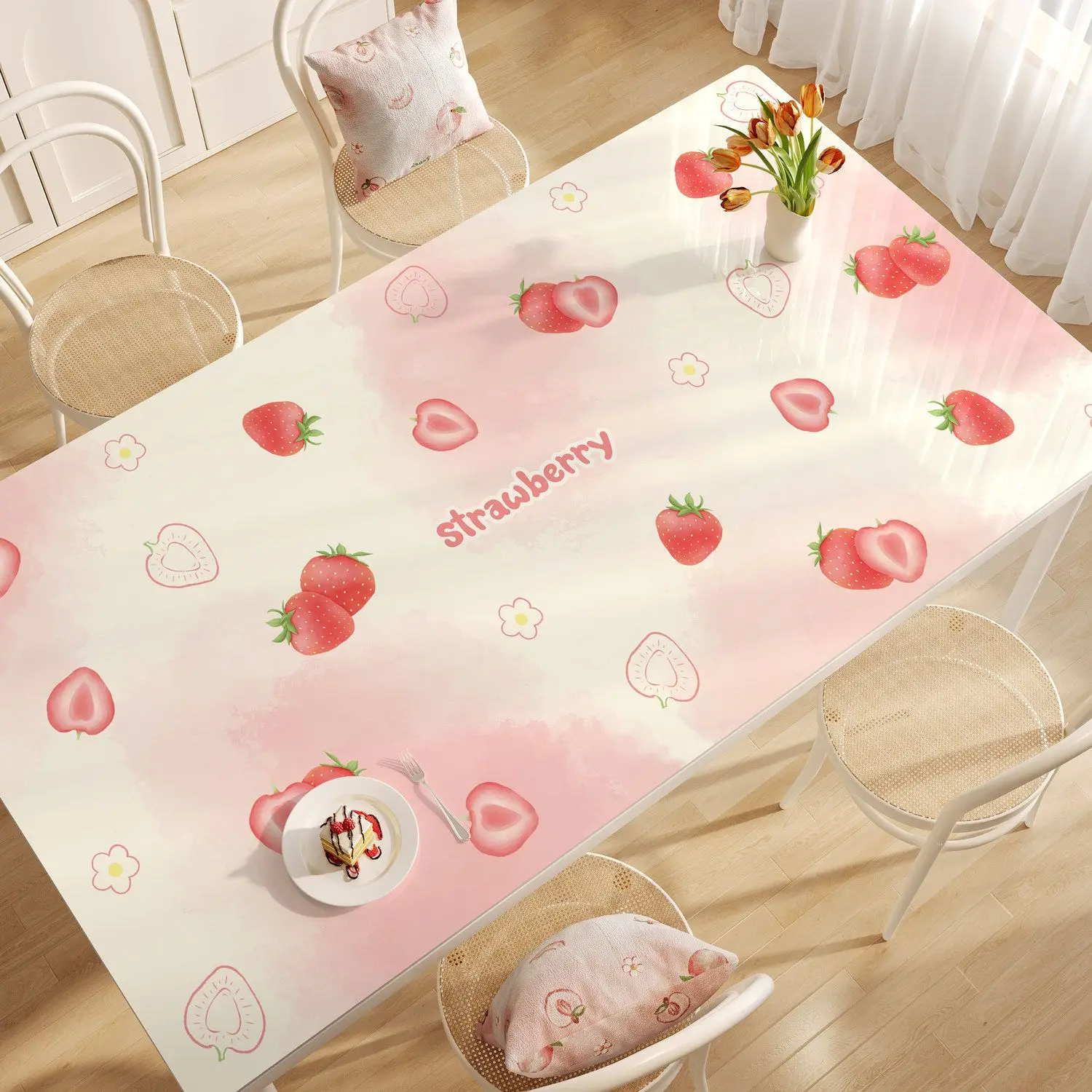 Leather Desk Pad Protector Pink Gradient Strawbweey Peach Lemon Fruit Y2K Mouse Pad Office Desk Mat Non-Slip PU Desk Blotter Pad