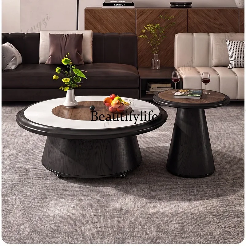 MM02 Medieval natural microcrystalline stone round coffee table movable with storage size round table living room