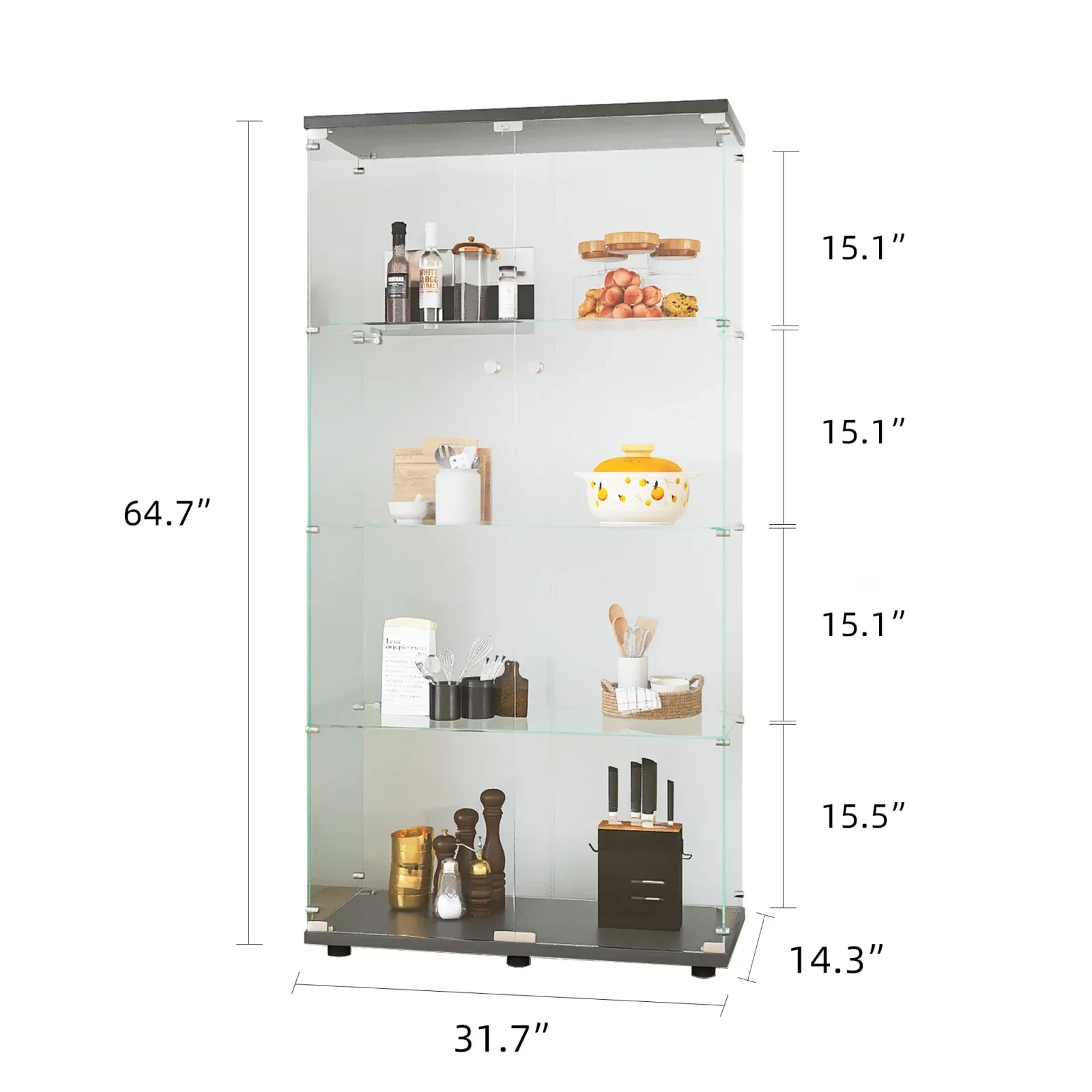 Fangange glazen vitrinekast in wit, moderne glazen houten vitrinekast met 4 planken voor verzamelobjecten, boeken, wijn